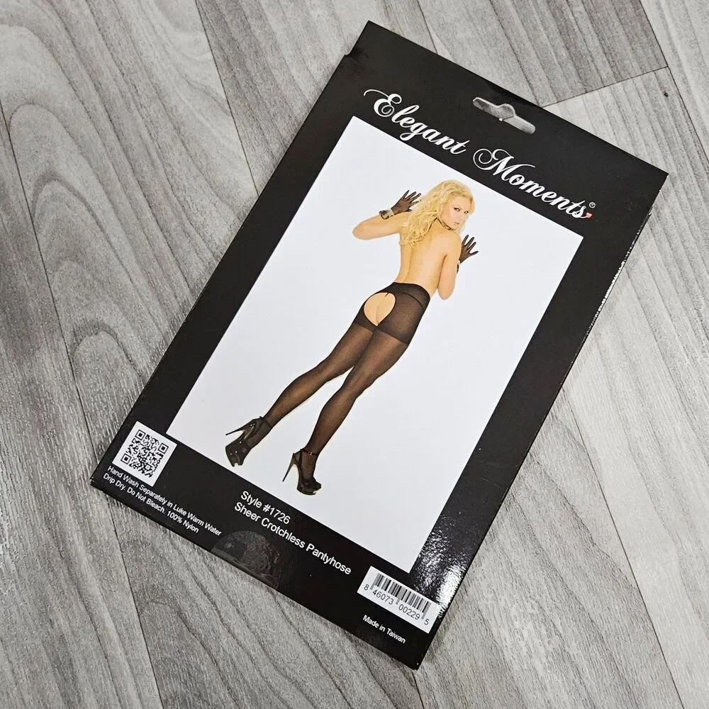 Elegant Moments Black Sheer Crotchless Pantyhose One Size Style 1726 NWT